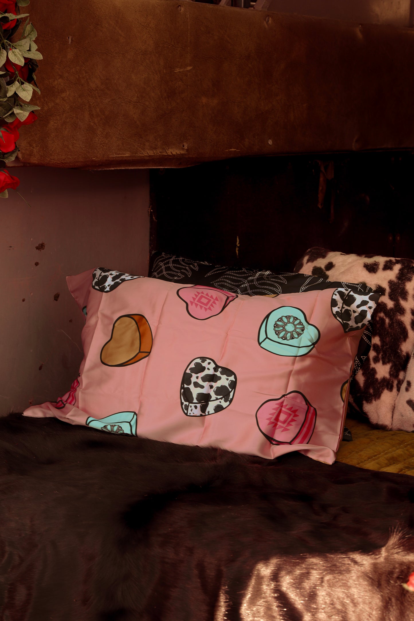 Cowboy Candy Heart Satin Pillow Case