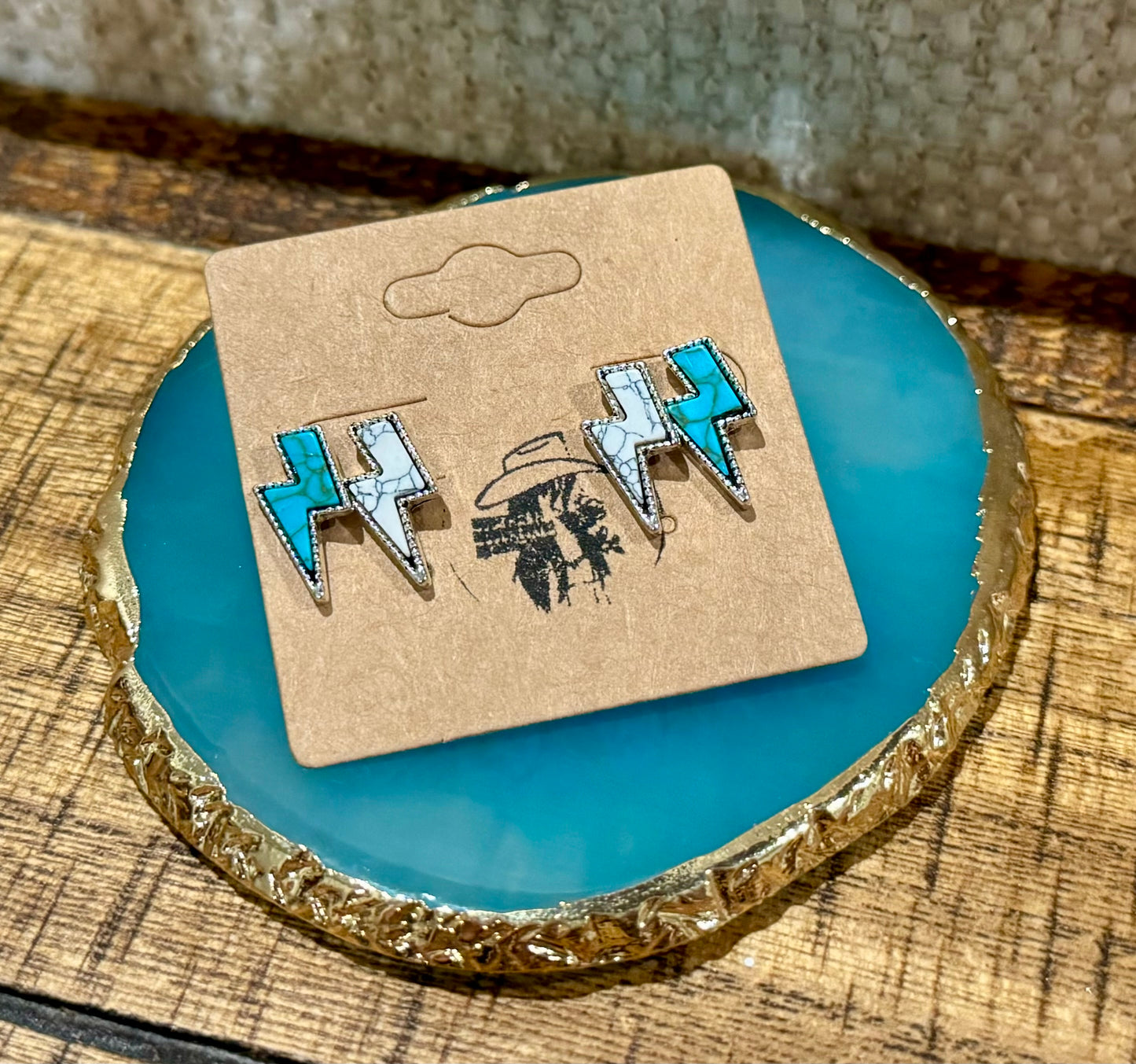 Faux Turquoise & White Lightening Bolt Studs