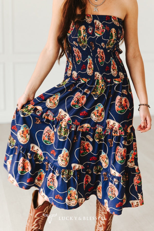 NAVY WESTERN PRINT SMOCKED MAXI TIER DRESS