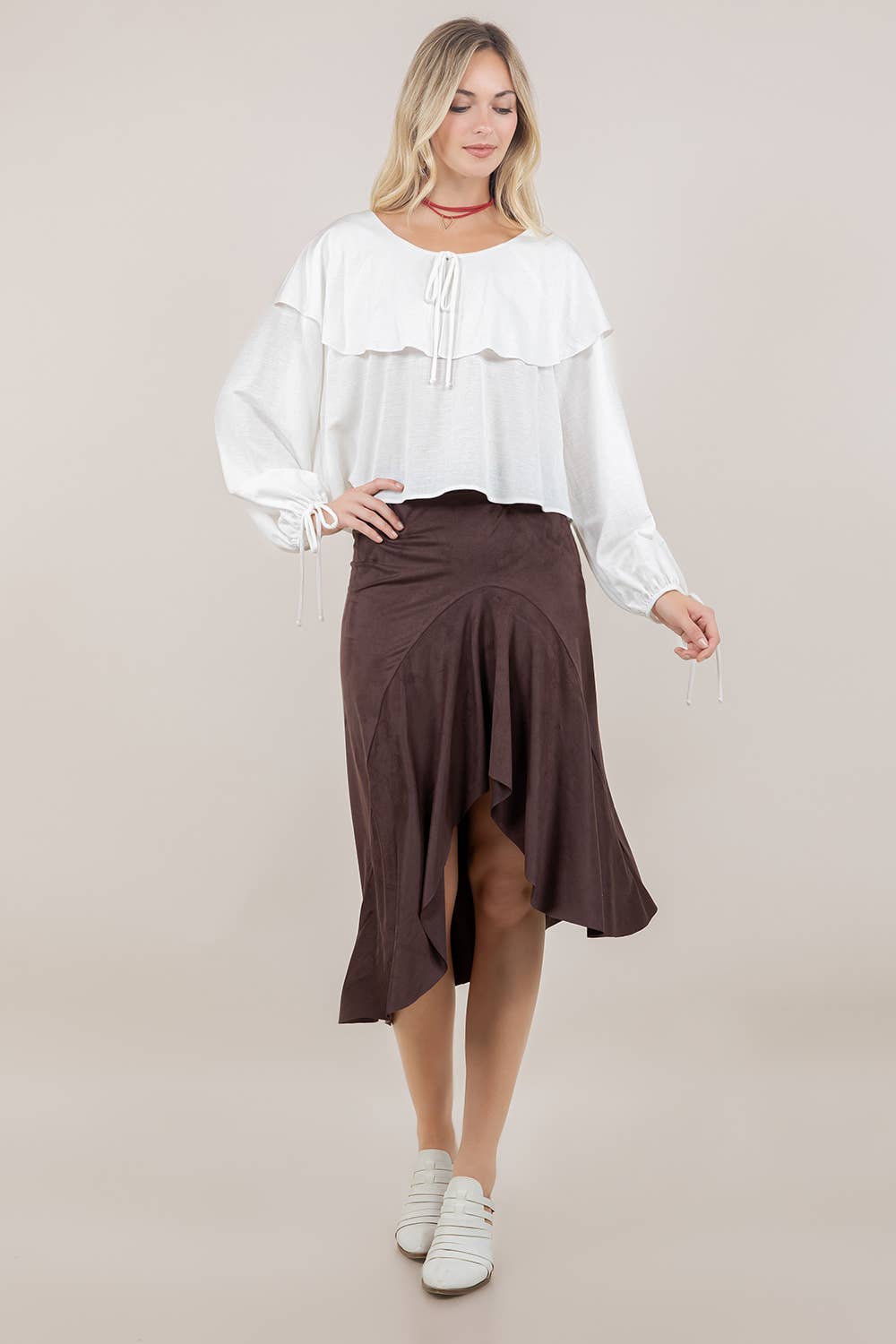 ASYMMETRIC FAUX SUEDE MIDI SKIRT
