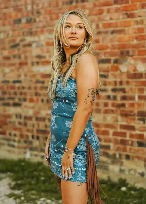 Denim Blue Paisley Suede Fringe Dress