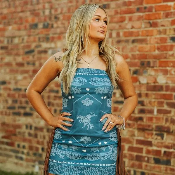 Denim Blue Paisley Suede Fringe Dress L Denim Blue Paisley Suede Fringe Dress L