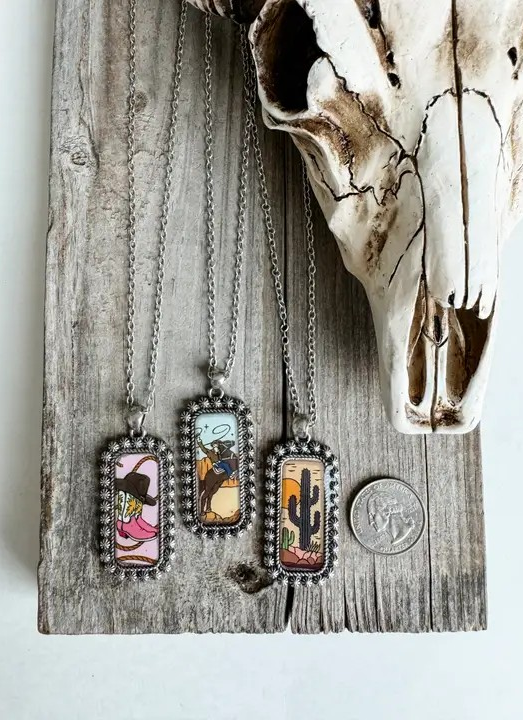 Western Cactus Bubble Pendant Necklace - Bronc Rider