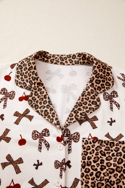 Bow Cherry Leopard Patchwork Shirt and Shorts Lounge Set