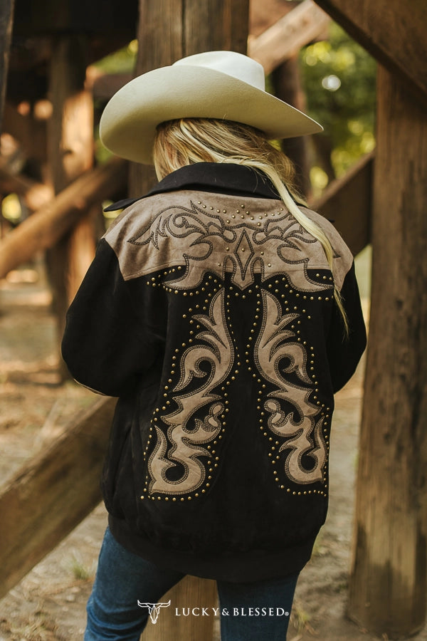 Black Boot Stitch Suede Bomber Jacket