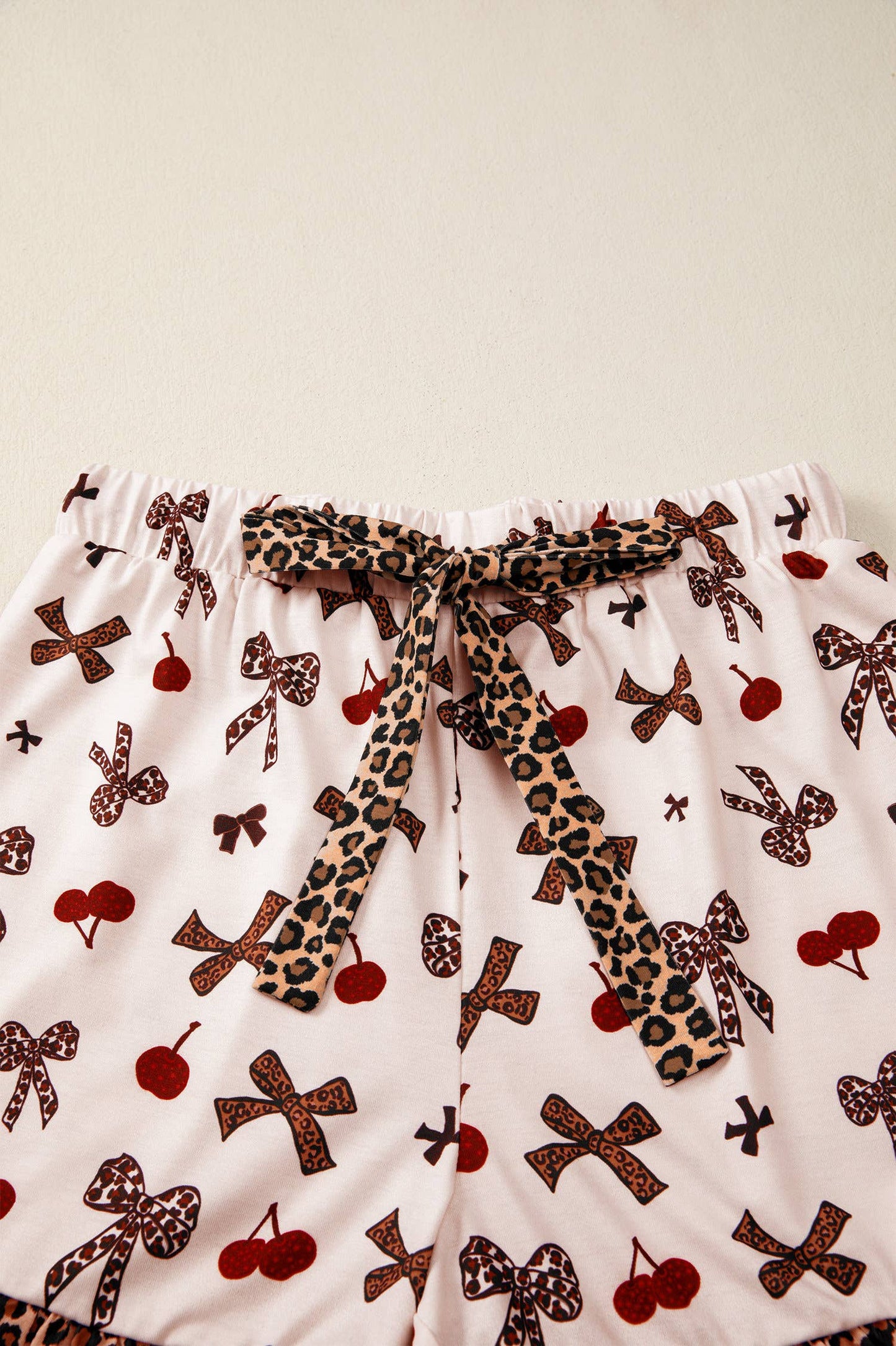 Bow Cherry Leopard Patchwork Shirt and Shorts Lounge Set