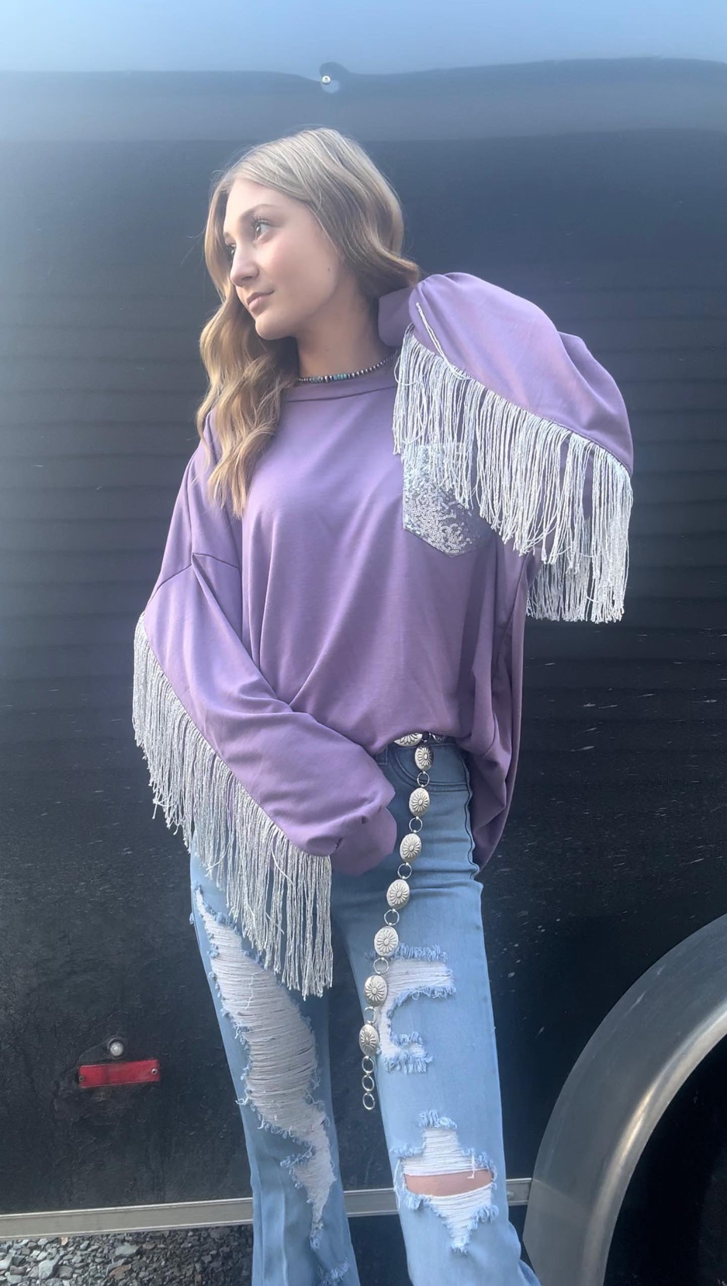 Fringe Sequin Knit Top - Lavender