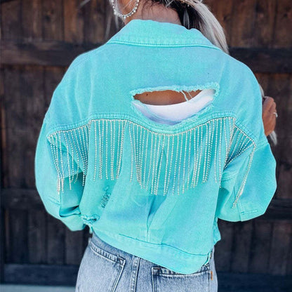Rhinestone Fringed Denim Cropped Jacket
