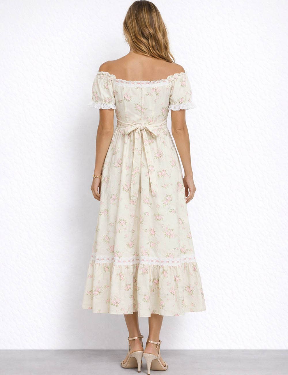 Ladies Romantic Floral Puff Sleeves Lace-Up Corset Maxi Dress