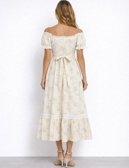 Ladies Romantic Floral Puff Sleeves Lace-Up Corset Maxi Dress