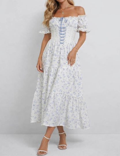 Ladies Romantic Floral Print Corset Puff Sleeves Midi Dress