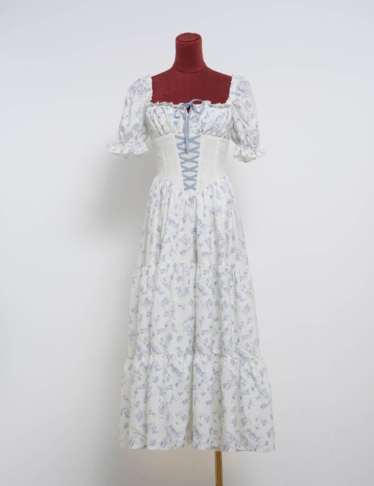 Ladies Romantic Floral Print Corset Puff Sleeves Midi Dress