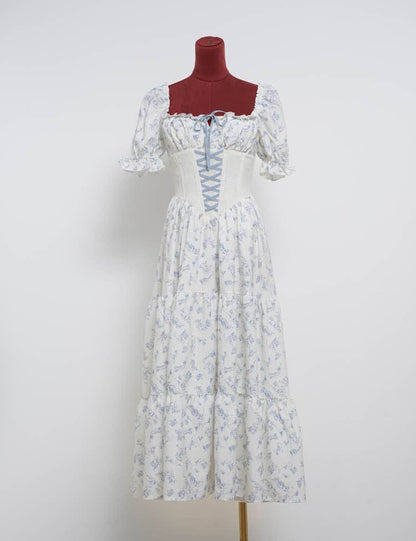 Ladies Romantic Floral Print Corset Puff Sleeves Midi Dress