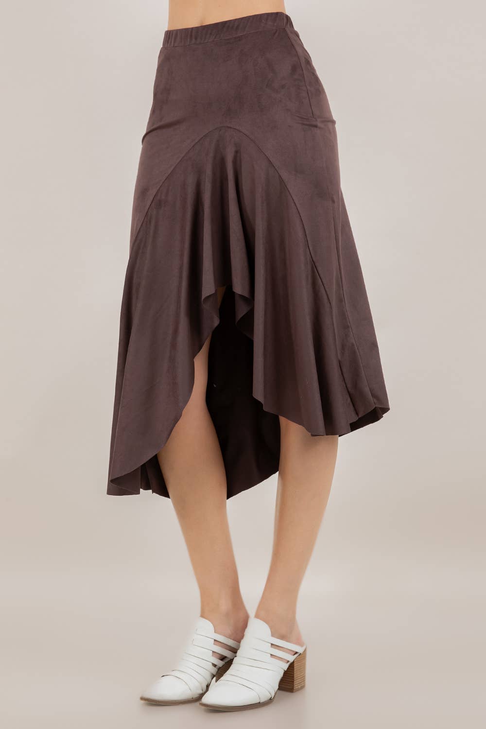 ASYMMETRIC FAUX SUEDE MIDI SKIRT