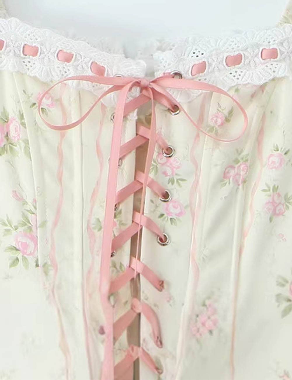 Ladies Romantic Floral Puff Sleeves Lace-Up Corset Maxi Dress