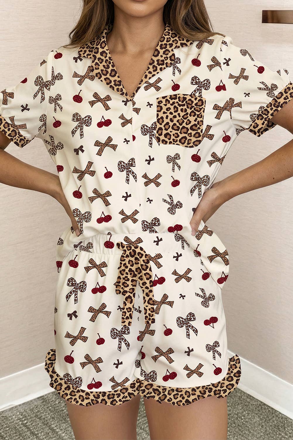 Bow Cherry Leopard Patchwork Shirt and Shorts Lounge Set