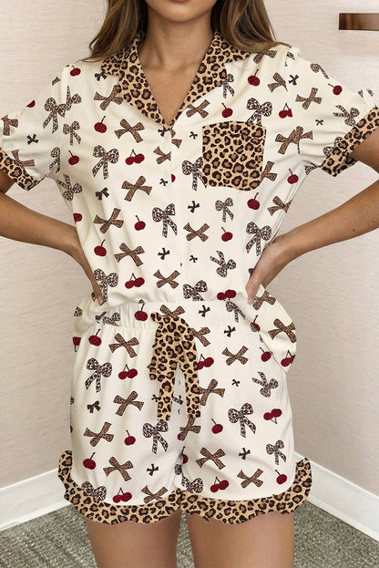 Bow Cherry Leopard Patchwork Shirt and Shorts Lounge Set