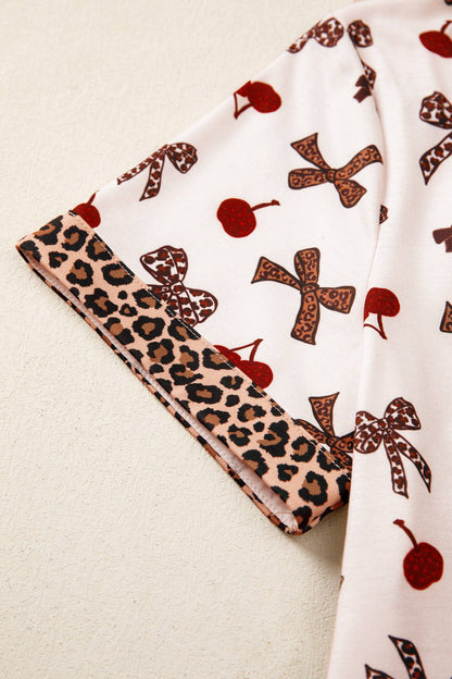 Bow Cherry Leopard Patchwork Shirt and Shorts Lounge Set