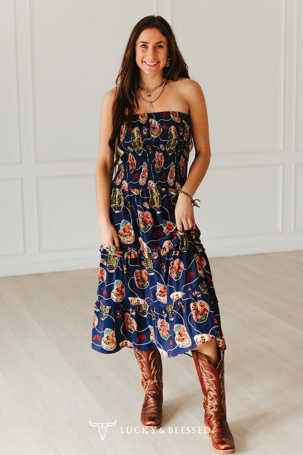 NAVY WESTERN PRINT SMOCKED MAXI TIER DRESS