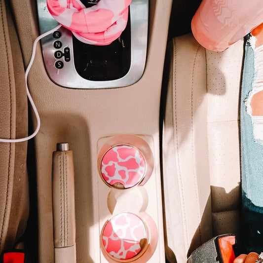Pink Cow Print Car Coasters - 2 Pack