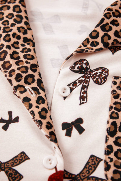Bow Cherry Leopard Patchwork Shirt and Shorts Lounge Set