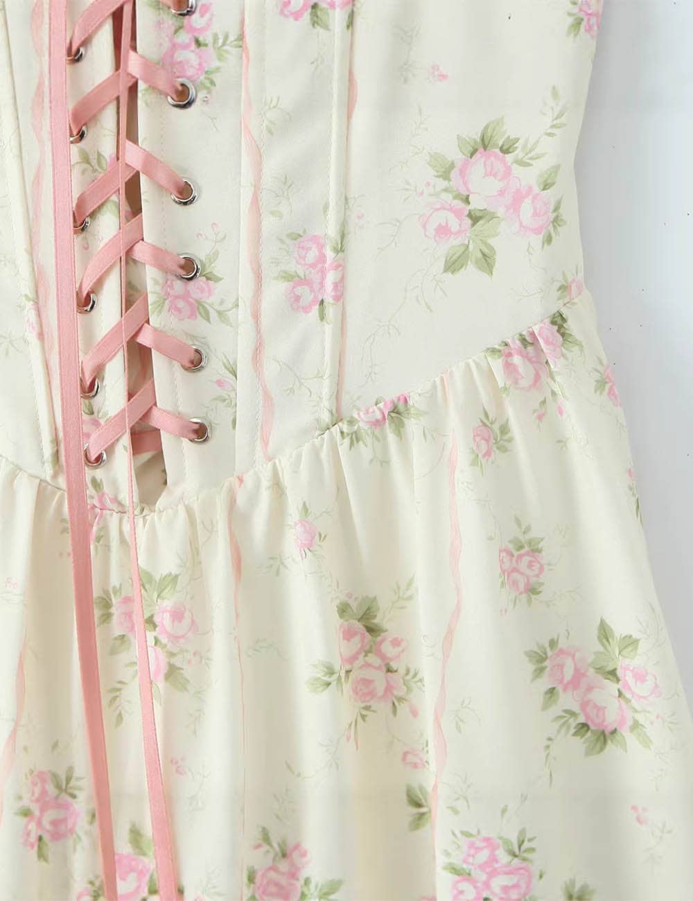 Ladies Romantic Floral Puff Sleeves Lace-Up Corset Maxi Dress