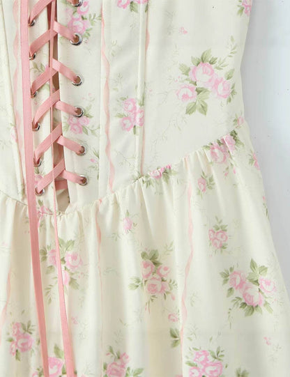 Ladies Romantic Floral Puff Sleeves Lace-Up Corset Maxi Dress