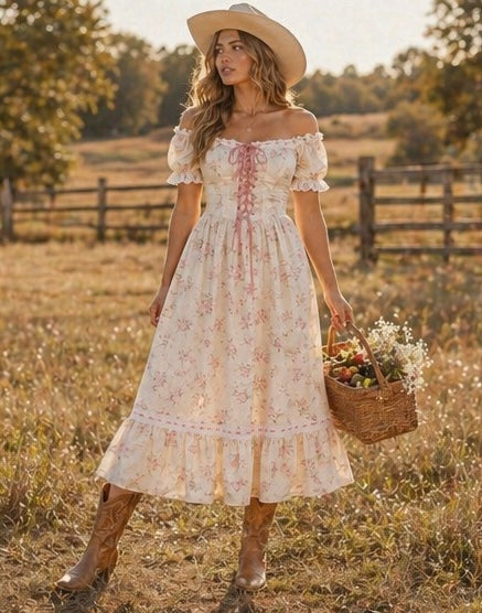 Ladies Romantic Floral Puff Sleeves Lace-Up Corset Maxi Dress