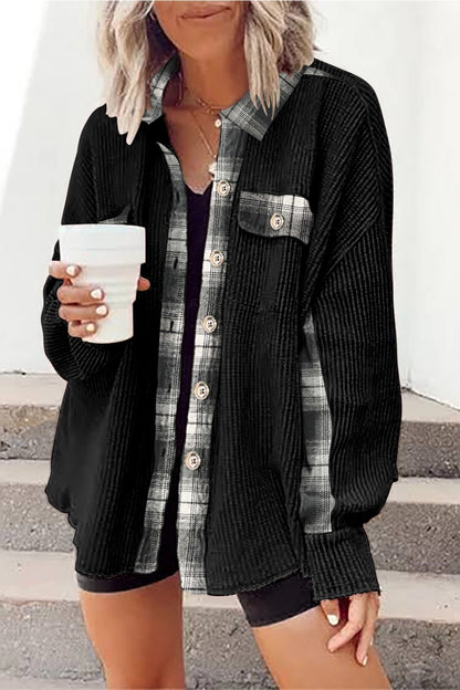 Black Patchwork Thermal Waffle Shacket