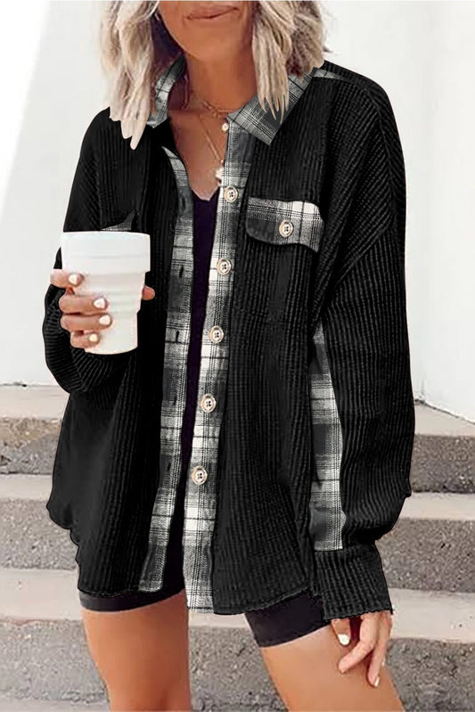 Black Patchwork Thermal Waffle Shacket