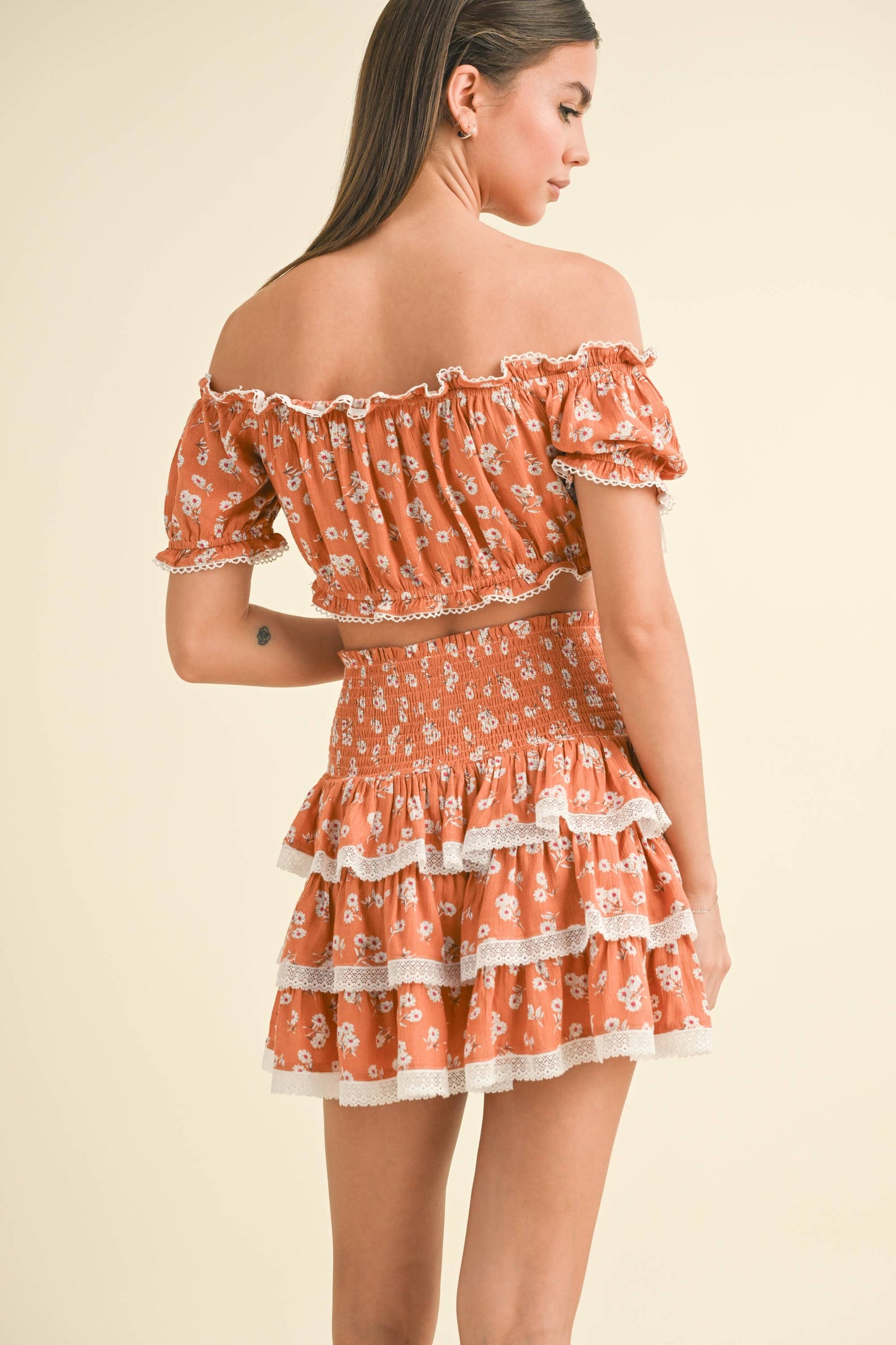 OFF SHOULDER CROP TOP WITH TIERED MINI SKIRT SET