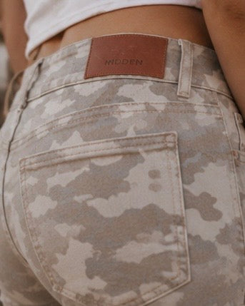 Tan Camo Double Waistband Low Rise Bootcut