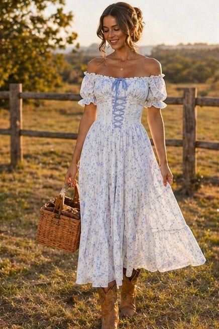 Ladies Romantic Floral Print Corset Puff Sleeves Midi Dress