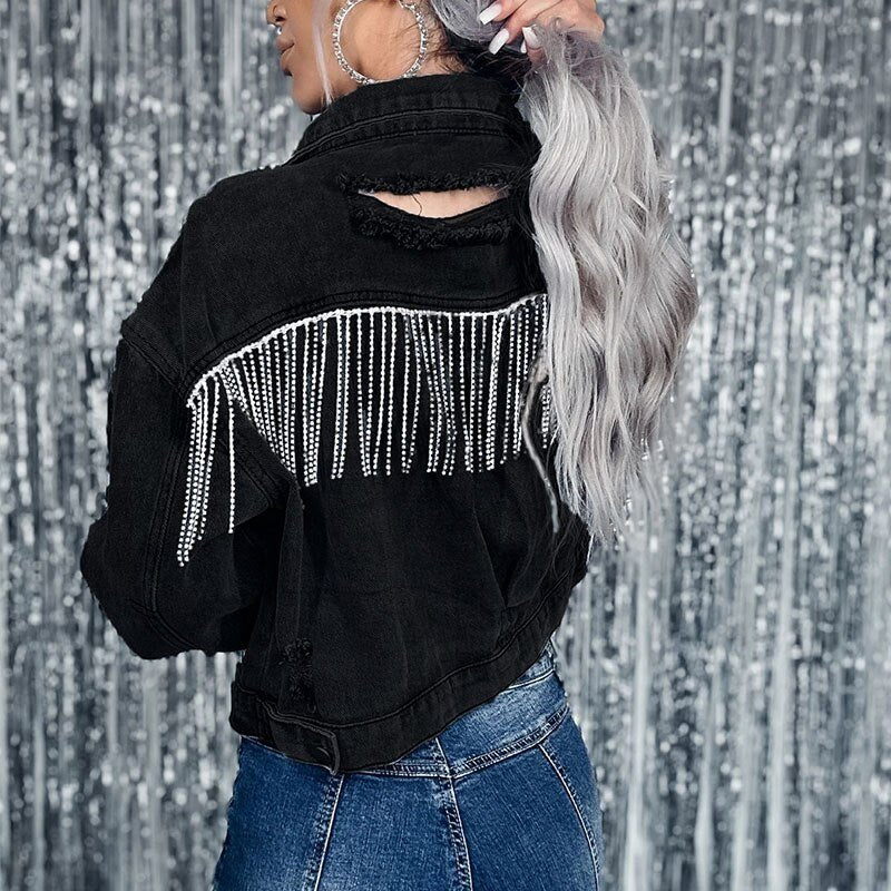Rhinestone Fringed Denim Cropped Jacket