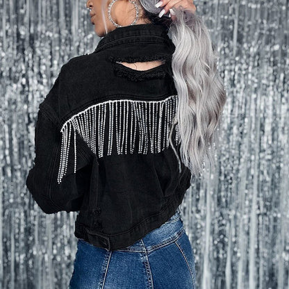 Rhinestone Fringed Denim Cropped Jacket