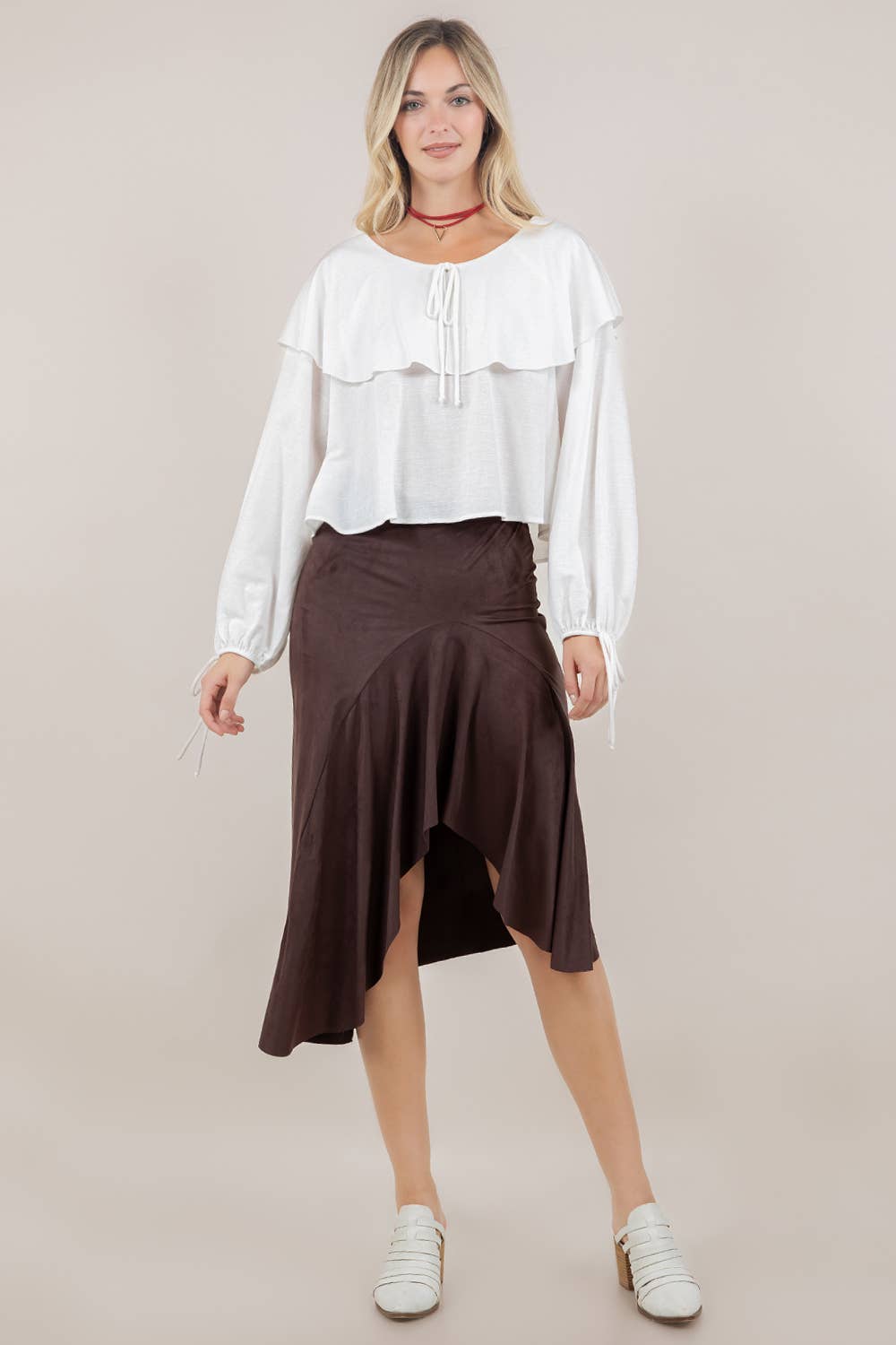 ASYMMETRIC FAUX SUEDE MIDI SKIRT