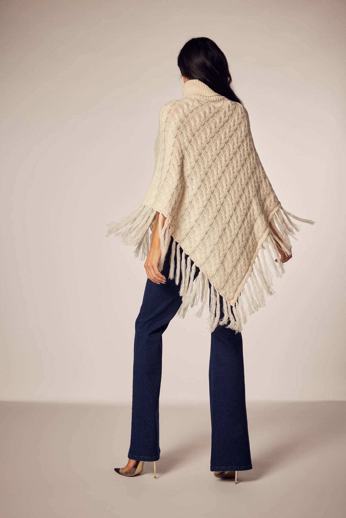 Prairie Romance Cable Knit Fringe Poncho