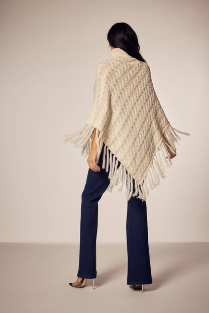 Prairie Romance Cable Knit Fringe Poncho