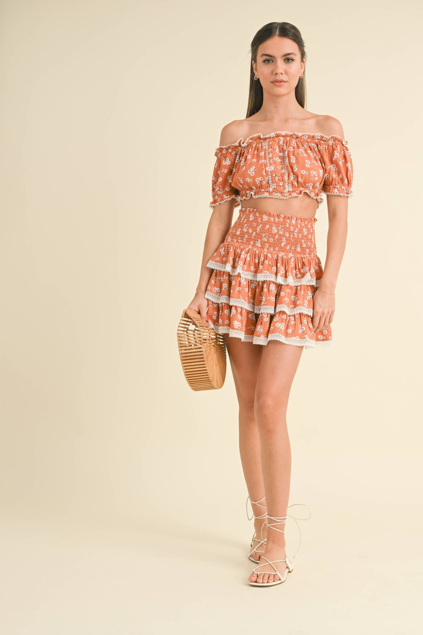 OFF SHOULDER CROP TOP WITH TIERED MINI SKIRT SET