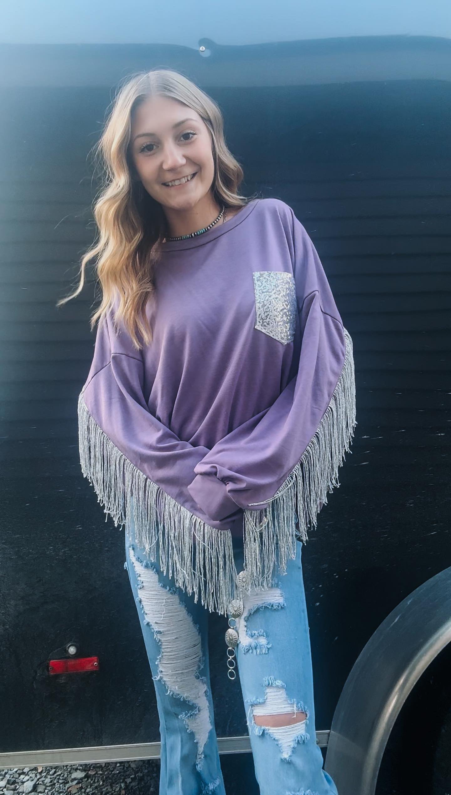 Fringe Sequin Knit Top - Lavender
