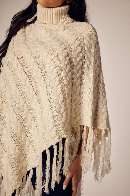 Prairie Romance Cable Knit Fringe Poncho