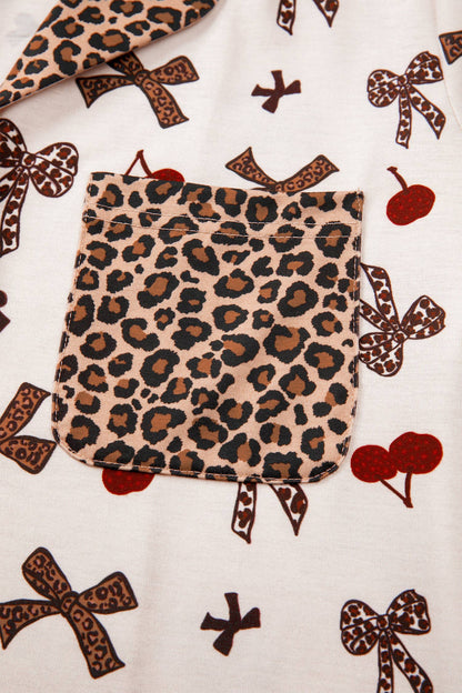 Bow Cherry Leopard Patchwork Shirt and Shorts Lounge Set