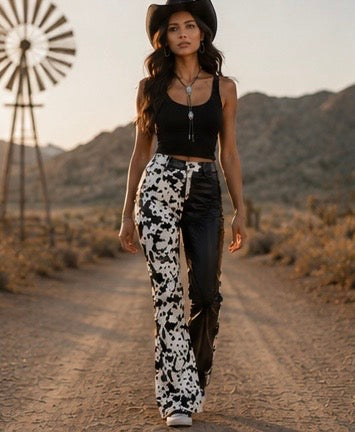 BLACKTWO TONE PU COW PRINT PANTS
