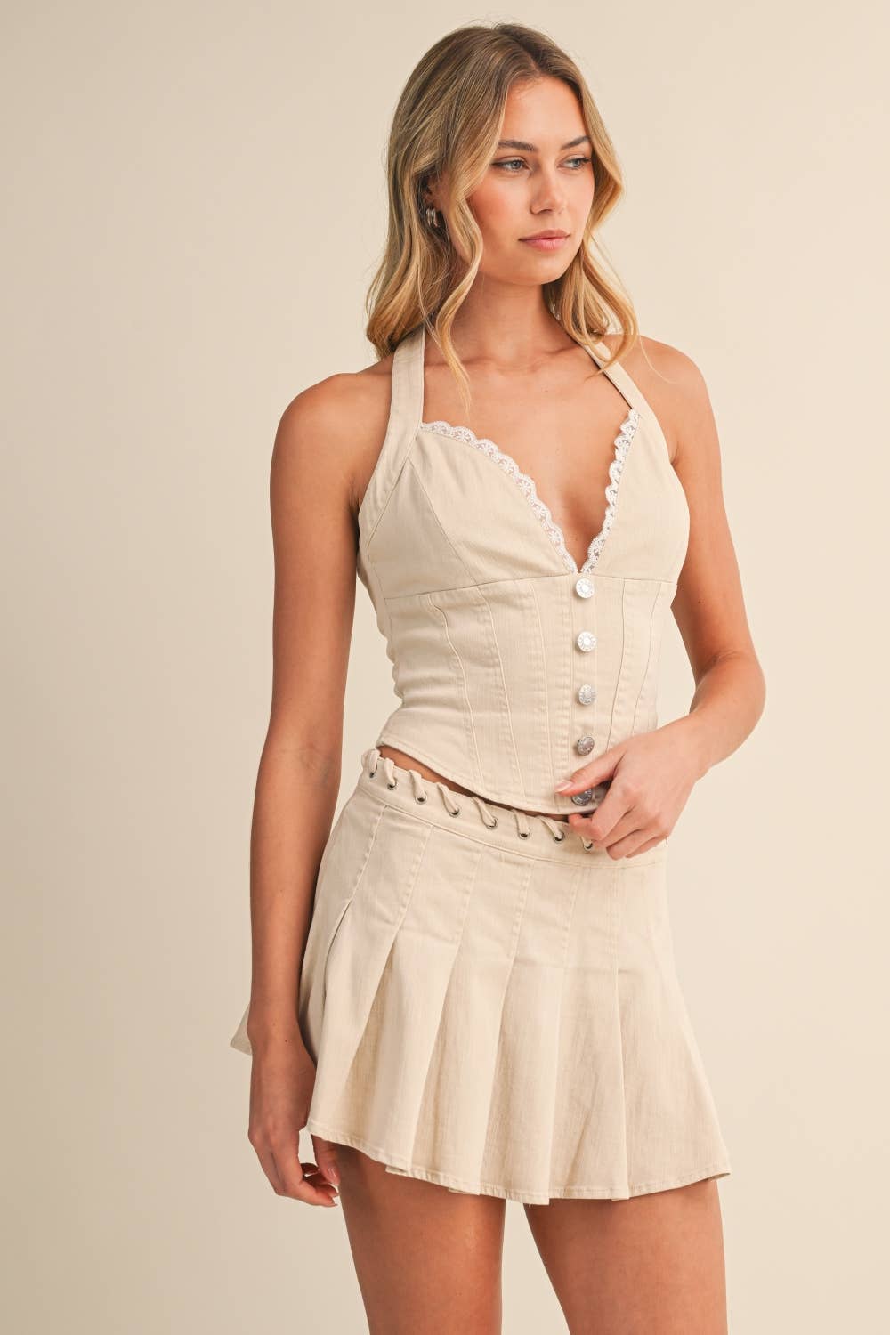 TWILL TOP WITH LACE AND SKIRT SET