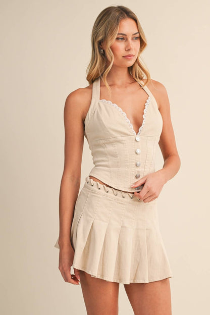 TWILL TOP WITH LACE AND SKIRT SET