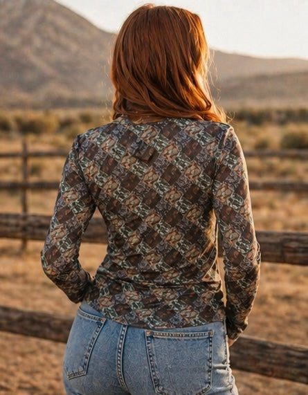 CHECKERED CAMO PRINTED LONG SLEEVE MESH TOP