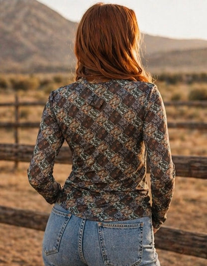 CHECKERED CAMO PRINTED LONG SLEEVE MESH TOP