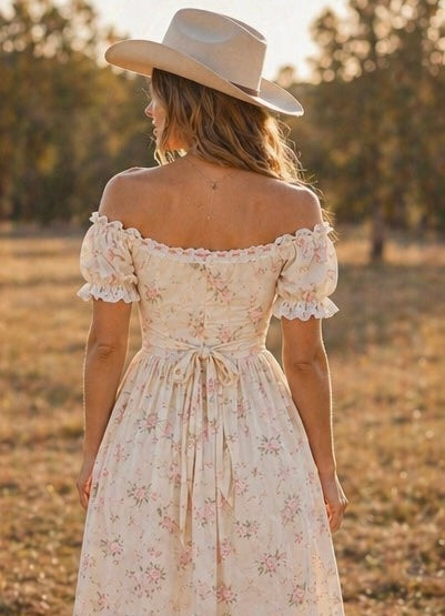 Ladies Romantic Floral Puff Sleeves Lace-Up Corset Maxi Dress