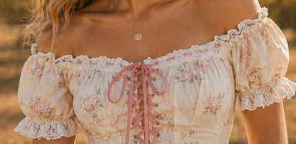 Ladies Romantic Floral Puff Sleeves Lace-Up Corset Maxi Dress