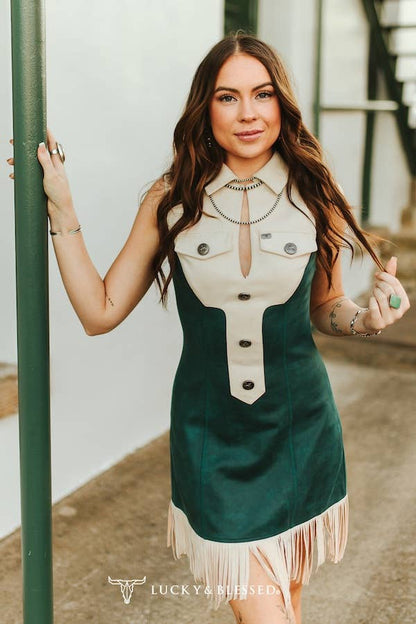 Jade W Cream Suede Sleeveless Fringe Hem Dress